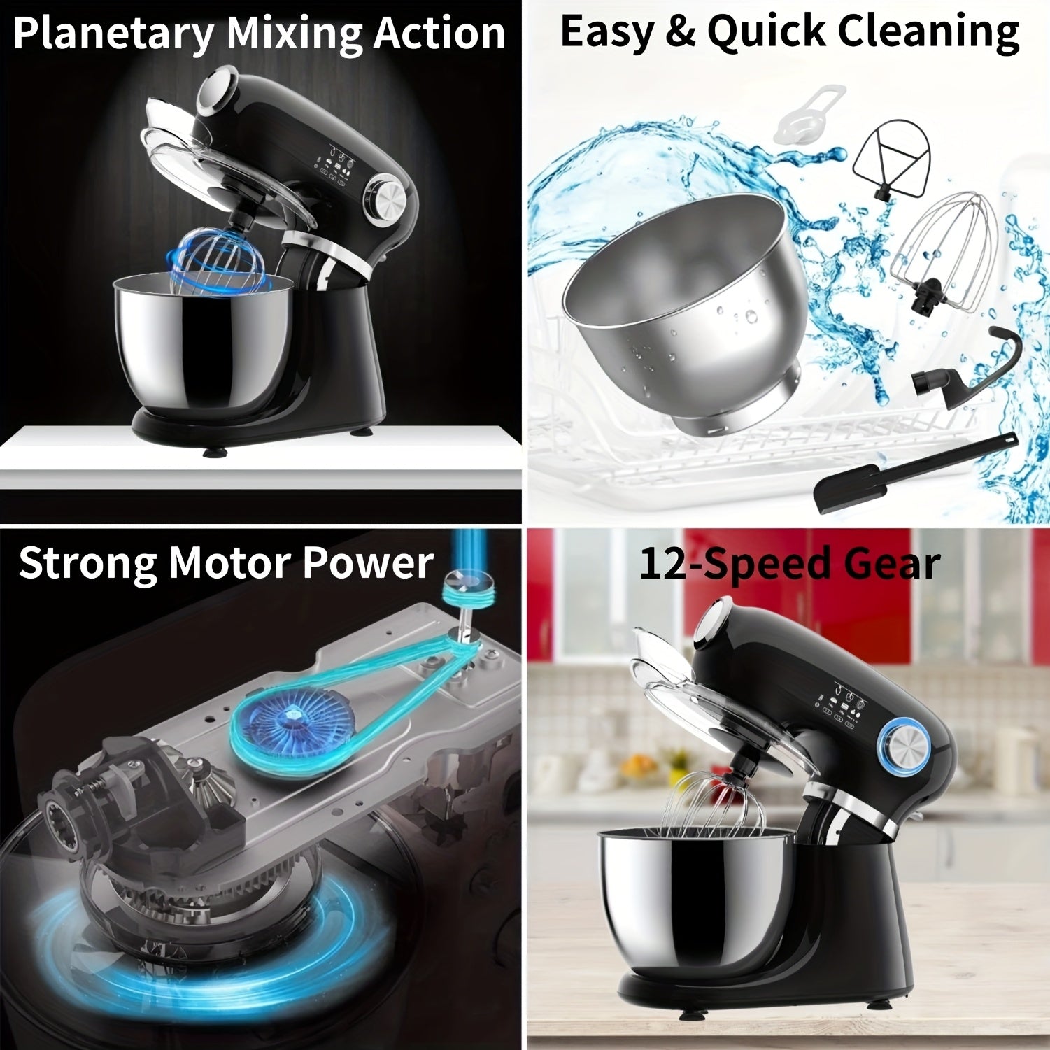 4-in-1 Electric Vertical Mixer, with A Power Of 350 Watts, 12-speed with Pulse Button. Accessories Include 5.5-gallon Stainless Steel Bowl