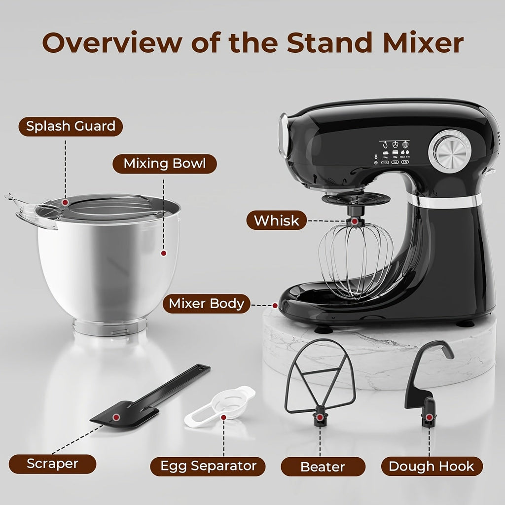 4-in-1 Electric Vertical Mixer, with A Power Of 350 Watts, 12-speed with Pulse Button. Accessories Include 5.5-gallon Stainless Steel Bowl